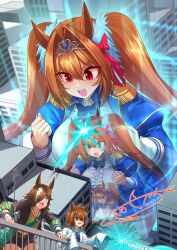 3girls agnes_tachyon_(umamusume) animal_ears breasts brown_eyes brown_hair building coat commission daiwa_scarlet_(umamusume) energy_gun fang giant giantess hair_between_eyes hair_intakes hair_over_one_eye highres horse_ears horse_girl lab_coat large_breasts long_hair long_sleeves multicolored_hair multiple_girls open_mouth outdoors ray_gun red_eyes same_kujira_(challenger_310) shaded_face signature skeb_commission sleeves_past_fingers sleeves_past_wrists smile streaked_hair tiara twintails two-tone_hair umamusume very_long_hair vodka_(umamusume) weapon white_coat white_hair