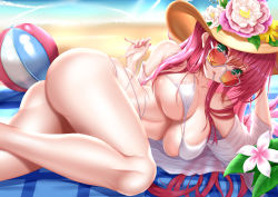 Rule 34 | 1girl, absurdres, ass, azur lane, ball, beach, beachball, bikini, bikini pull, breasts, chanel, cleavage, clothes pull, flower, green eyes, hat, hat flower, head rest, highres, large breasts, legs folded, long hair, looking at viewer, looking over eyewear, looking over glasses, lying, mat, mouth hold, nail polish, navel, on side, orange-tinted eyewear, orange-tinted glasses, red hair, sakuraoo, shiny skin, skindentation, sky, solo, strap gap, straw hat, sunglasses, surcouf (azur lane), surcouf (loisirs balneaires) (azur lane), swimsuit, tinted eyewear, underboob, white bikini