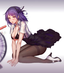 Rule 34 | 10s, 1girl, absurdres, bad id, bad pixiv id, black bra, black flower, black hairband, black pantyhose, black rose, black skirt, blush, bow, bra, breasts, candy, cleavage, dagashi kashi, dripping, electric fan, flower, food, frills, hair blowing, hair flower, hair ornament, hairband, hands on ground, heart, heart-shaped pupils, high-waist skirt, highres, hungry, kneeling, large breasts, nail polish, open clothes, open shirt, pantyhose, pre (preecho), purple eyes, purple hair, red nails, rose, saliva, sexually suggestive, shidare hotaru, shirt, short hair, skirt, suspender skirt, suspenders, sweets, symbol-shaped pupils, thighband pantyhose, umaibou, underwear, white pantyhose, wind, wind lift