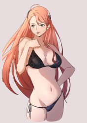 Rule 34 | 1girl, absurdres, aida rayhunton, bikini, black bikini, blue eyes, breasts, commentary request, commission, cropped legs, floral print, green eyes, grey background, gundam, gundam g no reconguista, hand on own hip, highres, large breasts, long hair, looking to the side, nishizuki shino, orange hair, side-tie bikini bottom, simple background, solo, swimsuit, tongue, tongue out