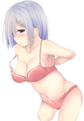 Rule 34 | 10s, 1girl, armpits, arms behind back, ashino, bare shoulders, blush, bra, breasts, collarbone, hair ornament, hair over one eye, hairclip, hamakaze (kancolle), kantai collection, large breasts, leaning forward, looking to the side, navel, purple eyes, short hair, silver hair, simple background, solo, strap slip, underwear, undressing, white background