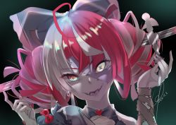 Rule 34 | 1girl, ahoge, bandages, bare shoulders, black bow, bow, colored skin, commentary, dated, grey skin, heterochromia, hololive, hololive indonesia, kureiji ollie, looking at viewer, monster girl, patchwork skin, red eyes, red hair, solo, stitched face, stitched torso, stitches, sword, undead, urotare, virtual youtuber, weapon, zombie, zombie girl