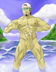 Rule 34 | 1boy, abs, brown hair, creatures (company), erection, facial hair, game freak, glasses, highres, kukui (pokemon), male focus, muscular, nintendo, nipples, nude, outdoors, pectorals, penis, pokemon, pokemon sm, public indecency, solo, tagme