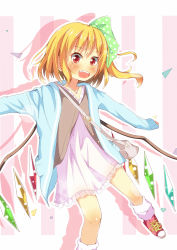 Rule 34 | 1girl, bag, blonde hair, blush, bow, casual, contemporary, dress, fang, flandre scarlet, hair bow, heart, highres, jacket, jewelry, long sleeves, looking at viewer, necklace, open clothes, open jacket, open mouth, outstretched arms, pink dress, red eyes, shirt, shoulder bag, side ponytail, smile, solo, touhou, wings, yuimari