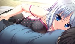 Rule 34 | 1girl, amagasa setsuna, blue eyes, blue hair, blush, bulge, erection, erection under clothes, game cg, tamahaji! -tamatama hajikeru imouto-tachi