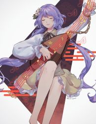 Rule 34 | bare legs, barefoot, biwa lute, black neckwear, black ribbon, brown dress, chain, closed eyes, dress, eyelashes, feet out of frame, flower, frilled dress, frills, gold chain, hair flower, hair ornament, highres, instrument, lute (instrument), music, musical note, oito (bowstringsmall), open mouth, playing instrument, purple hair, ribbon, signature, sitting, solo, teeth, touhou, tsukumo benben, twintails, upper teeth only