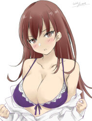 Rule 34 | 1girl, bikini, bra, breasts, brown eyes, brown hair, collared shirt, dress shirt, front-tie bikini top, front-tie top, gakky, kantai collection, large breasts, long hair, looking at viewer, one-hour drawing challenge, ooi (kancolle), purple bra, shirt, simple background, solo, swimsuit, underwear, undressing, upper body, white background, white shirt