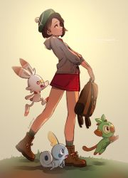 Rule 34 | 1girl, absurdres, artist name, backpack, bag, bob cut, boots, brown bag, brown eyes, brown footwear, brown hair, buttons, cardigan, closed mouth, commentary, creature, creatures (company), dress, english commentary, english text, from side, game freak, gen 8 pokemon, gloria (pokemon), grass, green headwear, green legwear, grey cardigan, grookey, hat, highres, holding, holding bag, hooded cardigan, nintendo, pokemon, pokemon (creature), pokemon swsh, scorbunny, short hair, smile, sobble, socks, standing, starter pokemon trio, syertse, tam o&#039; shanter, unworn backpack, unworn bag