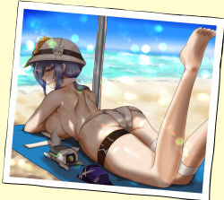 Rule 34 | 1girl, absurdres, ass, back, bare back, bare shoulders, beach, blue hair, breasts, closed mouth, crossed arms, dinergate (girls&#039; frontline), dp-12 (girls&#039; frontline), dp-12 (morning fable) (girls&#039; frontline), feet, girls&#039; frontline, grey eyes, highres, kepra iii, large breasts, legs up, long hair, looking at viewer, lying, no bra, no shoes, ocean, on stomach, panties, polaroid, solo, thighs, toes, underwear, white headwear, white panties