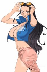 Rule 34 | 1girl, absurdres, black hair, blush, breasts, cleavage, cowboy shot, eyewear on head, highres, jacket, joy boy, large breasts, long hair, looking at viewer, nico robin, nico robin (post-timeskip), one piece, open clothes, open jacket, open mouth, side-tie skirt, teeth, thighs, unzipped, white background