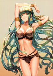 Rule 34 | 1girl, absurdres, aqua eyes, aqua hair, arm behind head, armlet, armpits, arms up, bare shoulders, belt collar, black bra, black panties, blunt bangs, blush, bra, bracelet, breasts, buckle, cleavage, cleopatra (fate), closed mouth, collar, collarbone, cowboy shot, earrings, fate/grand order, fate (series), female focus, gradient background, green eyes, green hair, groin, hairband, highres, hip focus, hoop earrings, jewelry, lace, lace-trimmed bra, lace-trimmed panties, lace trim, large breasts, lingerie, long hair, looking at viewer, mashuu (neko no oyashiro), navel, necklace, panties, scan, signature, smile, solo, stomach, thighs, type-moon, underwear, underwear only, very long hair