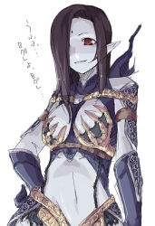 Rule 34 | 1girl, blue skin, cleavage cutout, clothing cutout, colored skin, dark elf, dark elf (lineage 2), elf, hair over one eye, hand on own hip, kyo (kuroichigo), lineage, lineage 2, navel, pointy ears, red eyes, simple background, solo, translation request, white background