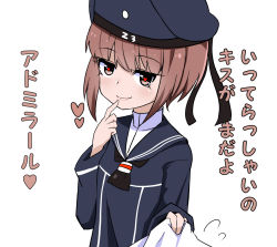 Rule 34 | 10s, 1girl, blush, brown eyes, brown hair, clothes writing, finger to mouth, hat, heart, heart-shaped pupils, kantai collection, kodachi (kuroyuri shoukougun), looking at viewer, shirt tug, symbol-shaped pupils, translated, z3 max schultz (kancolle)