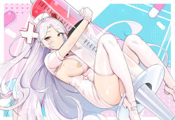 Rule 34 | 1girl, antenna hair, azur lane, bandaid, bandaids on nipples, blue background, breasts, dress, gloves, hat, high heels, large breasts, long hair, looking at viewer, luse maonang, mole, mole on breast, multicolored hair, no bra, nurse, nurse cap, orange eyes, outstretched arms, parted bangs, parted lips, pasties, pink background, prinz eugen (azur lane), shoes, short sleeves, sideboob, silver hair, solo, streaked hair, syringe, thighhighs, thighs