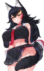 Rule 34 | 1girl, animal ears, arms behind back, bare arms, bare shoulders, black hair, black serafuku, black skirt, blush, breasts, choker, closed mouth, cowboy shot, cream cod, crop top, crop top overhang, cropped shirt, embarrassed, eyelashes, flipped hair, groin, hair between eyes, hair ornament, hairclip, highres, hololive, large breasts, long hair, looking at viewer, midriff, miniskirt, multicolored hair, narrow waist, navel, neckerchief, no panties, ookami mio, ookami mio (1st costume), pleated skirt, red choker, red hair, red neckerchief, sailor collar, sailor shirt, school uniform, serafuku, shirt, simple background, skirt, sleeveless, solo, streaked hair, tail, tail around own leg, tail wrap, virtual youtuber, white background, wide hips, wolf ears, wolf girl, wolf tail, yellow eyes