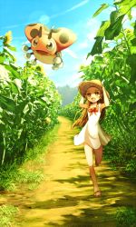 Rule 34 | 00s, 1girl, :d, aged down, armpits, arms up, artistic error, bare arms, bare legs, bare shoulders, bow, bowtie, brown eyes, brown hair, brown hat, cloud, collarbone, creatures (company), day, dress, field, flower, flower field, full body, game freak, gen 2 pokemon, green eyes, gym leader, hand on headwear, hat, holding, holding clothes, holding hat, jasmine (pokemon), ledyba, leg up, lens flare, light rays, long hair, md5 mismatch, nintendo, no legwear, no socks, open mouth, path, plant, pokemon, pokemon (creature), pokemon hgss, red bow, red bowtie, revision, ribero, road, running, sandals, shadow, sleeveless, sleeveless dress, smile, summer, sun hat, sundress, sunflora, sunflower, sunflower field, sunlight, wrong foot