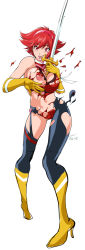 Rule 34 | 1girl, :o, areola slip, between breasts, blush, boots, breasts, breasts squeezed together, covered erect nipples, cutie honey, cutie honey (character), embarrassed, eyebrows hidden by hair, feet, female focus, full body, gloves, groin, high heel boots, high heels, holding, holding sword, holding weapon, kon-kit, large breasts, legs, legs apart, looking at viewer, matching hair/eyes, navel, nipples, open mouth, red eyes, red hair, short hair, simple background, smile, solo, standing, sword, thighs, torn clothes, weapon, white background, yellow gloves