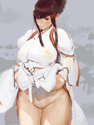 Rule 34 | 1girl, bottomless, breasts, brown hair, covered erect nipples, curvy, female focus, female pubic hair, gradient background, highres, large breasts, looking at viewer, mishima kazumi (tekken), mumaya, namco, plump, pubic hair, pussy, red eyes, see-through, solo, standing, tagme, tekken, tekken 7, thick thighs, thighs, uncensored, wide hips