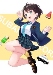 Rule 34 | 1girl, ass, blazer, blue eyes, blue jacket, blue necktie, blue skirt, breast pocket, breasts, brown footwear, brown hair, car, character name, cocktail, collared shirt, food, fruit, high-waist skirt, highres, hololive, jacket, jumping, lapels, large breasts, loafers, motor vehicle, necktie, oozora subaru, open clothes, open jacket, plaid, plaid skirt, pleated skirt, pocket, police car, school uniform, shirt, shirt tucked in, shoes, short hair, skirt, smile, socks, solo, taachika, teeth, tented shirt, upper teeth only, virtual youtuber, watermelon, watermelon slice, white shirt, yellow background, yellow socks
