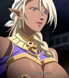 Rule 34 | 10s, 1girl, bikini warriors, breasts, cleavage, dark-skinned female, dark elf (bikini warriors), dark skin, elf, female focus, highres, large breasts, long hair, pointy ears, red eyes, simple background, smile, solo, standing, stitched, third-party edit