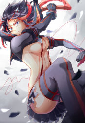 Rule 34 | 10s, 1girl, bad id, bad pixiv id, black hair, blue eyes, boots, breasts, elbow gloves, gloves, hairpods, highres, kill la kill, life fiber, matoi ryuuko, medium breasts, multicolored hair, pinelion, pleated skirt, red hair, revealing clothes, scissor blade (kill la kill), senketsu, short hair, showgirl skirt, skirt, solo, string, string of fate, suspenders, thigh boots, thighhighs, two-tone hair, underboob