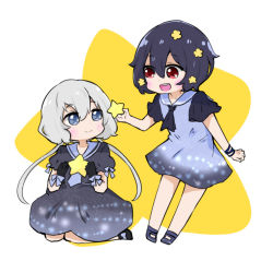 Rule 34 | 2girls, :d, black footwear, black gloves, black hair, black neckwear, blue dress, blue eyes, blue footwear, blue neckwear, blue sailor collar, blush, chibi, closed mouth, collarbone, commentary request, dress, eye contact, flower, gloves, grey dress, grey hair, hair between eyes, hair flower, hair ornament, konno junko, long hair, looking at another, low twintails, mizuno ai, multiple girls, nozo (hitomiz), open mouth, puffy short sleeves, puffy sleeves, red eyes, sailor collar, sailor dress, shoes, short sleeves, smile, star (symbol), teeth, twintails, two-tone background, upper teeth only, very long hair, white background, yellow background, yellow flower, zombie land saga