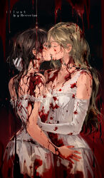 Rule 34 | 2girls, artist name, bare shoulders, blonde hair, blood, blood in hair, blood on clothes, blood on face, blood on hands, blue eyes, breasts, brown hair, closed eyes, dress, from side, gloves, highres, imminent kiss, long hair, looking at another, multiple girls, original, parted lips, rrr (reason), sleeveless, sleeveless dress, white dress, white gloves, yuri
