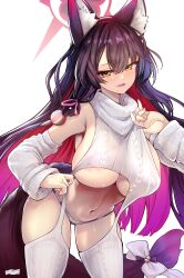 Rule 34 | 1girl, absurdres, animal ear fluff, animal ears, areola slip, bare shoulders, black hair, blue archive, blush, breasts, commentary, detached sleeves, english commentary, fox ears, hair ornament, halo, hand up, highres, large breasts, long sleeves, looking at viewer, meme attire, multicolored hair, navel, parted lips, purple hair, sideboob, simple background, smile, solo, tail, thighs, two-tone hair, underboob, virgin destroyer sweater, wakamo (blue archive), white background, wisespeak, yellow eyes