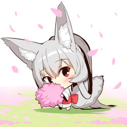 Rule 34 | 1girl, absurdly long hair, animal ear fluff, animal ears, barefoot, blush, bow, chibi, commentary request, covered mouth, fox ears, fox girl, fox tail, hair between eyes, holding, japanese clothes, kimono, long hair, long sleeves, obi, original, outdoors, patch, petals, red bow, red eyes, sash, silver hair, solo, standing, tail, very long hair, white kimono, wide sleeves, yuuji (yukimimi)
