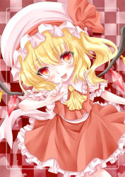 Rule 34 | 1girl, ascot, blonde hair, blush, checkered background, crystal, female focus, flandre scarlet, hat, hat ribbon, highres, komiru, open mouth, puffy sleeves, red eyes, ribbon, shadow, short hair, short sleeves, side ponytail, smile, solo, touhou, wings