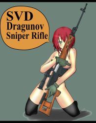 Rule 34 | 1girl, black thighhighs, blue eyes, breasts, censored, convenient censoring, covering privates, covering breasts, covering crotch, cube85, dragunov svd, muzzle device, gloves, green eyes, gun, highres, kneeling, legs, nude, nude cover, original, red hair, rifle, scope, short hair, smile, sniper rifle, solo, thighhighs, thighs, thumbhole stock, weapon