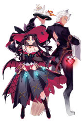 Rule 34 | 1boy, 1girl, :d, animal ears, archer (fate), black dress, black footwear, black gloves, black hat, blue eyes, book, breasts, broom, brown hair, choker, cleavage, collarbone, demon wings, dress, earrings, fate/stay night, fate (series), floating hair, gloves, hand on headwear, hat, highres, holding, holding broom, jewelry, leotard, long hair, looking at viewer, looking back, medium breasts, monocle, open mouth, red leotard, red ribbon, ribbon, silver hair, simple background, smile, standing, tohsaka rin, torn clothes, torn hat, very long hair, white background, wings, witch hat, wolf ears, yaoshi jun