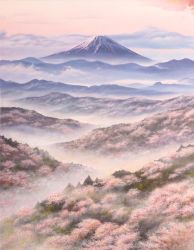 Rule 34 | akashi kaikyou, calligraphy brush (medium), cherry blossoms, cloud, commentary request, day, fog, forest, highres, mount fuji, mountain, nature, no humans, outdoors, scenery, spring (season), traditional media, tree, valley