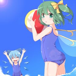 Rule 34 | 2girls, arms up, ball, beachball, blue hair, blue sky, blush, cirno, cloud, daiyousei, day, fairy wings, gradient background, green eyes, green hair, hair ornament, hair ribbon, ice, ice wings, looking at viewer, looking back, looking down, multiple girls, nikku (ra), one-piece swimsuit, open mouth, partially submerged, ribbon, school swimsuit, short hair, side ponytail, sky, smile, sunlight, swimsuit, touhou, wet, wings