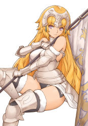 Rule 34 | 1girl, alternate hairstyle, armor, armored boots, banner, bare shoulders, black thighhighs, blonde hair, boots, breasts, chain, closed mouth, commentary request, fate/grand order, fate (series), fur-trimmed legwear, fur trim, gauntlets, grey footwear, headpiece, holding, invisible chair, jeanne d&#039;arc (fate), jeanne d&#039;arc (ruler) (fate), jeanne d&#039;arc (third ascension) (fate), long hair, looking at viewer, medium breasts, no pants, simple background, sitting, smile, solo, thigh boots, thighhighs, thighhighs under boots, thighs, tsuki suigetsu, very long hair, white background
