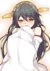 Rule 34 | 10s, 1girl, black hair, blush, detached sleeves, hairband, haruna (kancolle), haruyuki (yukichasoba), japanese clothes, kantai collection, long hair, looking at viewer, open mouth, petals, smile, solo, tears