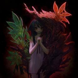Rule 34 | 1girl, :3, black ribbon, dark green hair, dress, eldritch abomination, green eyes, green wings, guro, hair flaps, highres, horror (theme), long hair, own hands clasped, own hands together, red background, ribbon, saya (saya no uta), saya no uta, sundress, v1v404, very long hair, white dress, wings