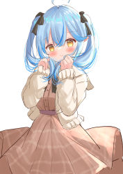 Rule 34 | 1girl, :i, absurdres, ahoge, black bow, blue hair, blush, bow, brown dress, brown eyes, brown jacket, closed mouth, commentary request, dress, hair between eyes, hair bow, highres, holding, holding own hair, hololive, jacket, kanti15, long hair, long sleeves, looking at viewer, multicolored hair, open clothes, open jacket, pointy ears, pout, simple background, sleeves past wrists, solo, streaked hair, twintails, virtual youtuber, white background, yukihana lamy, yukihana lamy (casual)