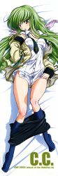 Rule 34 | 1girl, :o, absurdres, bed sheet, belt, between breasts, black necktie, black skirt, blazer, blue socks, blush, breasts, buttons, c.c., character name, clothes pull, code geass, collared shirt, copyright name, covered erect nipples, dakimakura (medium), dress shirt, from above, full body, green hair, hair between eyes, hair down, hair ribbon, hair spread out, hand on own chest, head tilt, highres, huge filesize, indoors, jacket, kimura takahiro, kneehighs, long hair, long sleeves, looking at viewer, lying, medium breasts, miniskirt, necktie, necktie between breasts, no bra, no panties, off shoulder, official art, on back, open belt, open clothes, open jacket, open mouth, open skirt, partially undressed, pencil skirt, purple ribbon, ribbon, scan, school uniform, shirt, shirt tug, skirt, skirt pull, sleeve cuffs, sleeves past wrists, socks, solo, sweatdrop, thighs, unbuttoned, untied, unzipped, very long hair, white shirt, yellow eyes