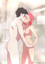 Rule 34 | 1boy, 1girl, amanda o&#039;neill, andrew hanbridge, arikindows10, artist name, black hair, breasts, censored, closed eyes, collarbone, completely nude, hand on another&#039;s ass, hetero, highres, holding hands, indoors, kiss, legs, little witch academia, mixed-sex bathing, mosaic censoring, nipples, nude, red hair, shared bathing, showering, small breasts, twitter username, wet