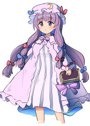 Rule 34 | 1girl, absurdres, blue bow, blush, book, bow, chups, commentary request, cropped legs, dress, hair bow, hair ribbon, hat, highres, holding, holding book, long hair, long sleeves, mob cap, patchouli knowledge, purple eyes, purple hair, purple hat, red ribbon, ribbon, simple background, solo, striped clothes, striped dress, touhou, vertical-striped clothes, vertical-striped dress, very long hair, white background