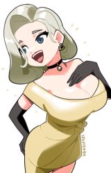 1girl artist_name black_choker black_gloves blonde_hair blue_eyes breasts choker cleavage commentary earrings elbow_gloves english_commentary fan_earrings formalwear_mercy from_above gloves jewelry large_breasts lipstick looking_to_the_side makeup medium_hair mercy_(overwatch) official_alternate_costume official_alternate_hairstyle open_mouth overwatch overwatch_2 pendant_choker red_lips selvish94 simple_background solo white_background