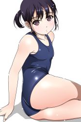 Rule 34 | 1girl, ass, black eyes, black hair, blue one-piece swimsuit, cowboy shot, highres, lying, matsunaga kouyou, on side, one-piece swimsuit, one side up, original, school swimsuit, short hair, simple background, solo, swimsuit, white background