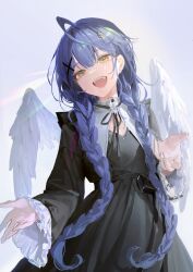 Rule 34 | 1girl, absurdres, ahoge, amamiya kokoro, angel wings, black dress, black ribbon, blue hair, braid, cleavage cutout, clothing cutout, commentary, cowboy shot, cropped legs, dress, fangs, feathered wings, female focus, frilled dress, frills, hair between eyes, hair ornament, hair strand, head tilt, highres, light rays, long hair, looking at viewer, low twin braids, neck ribbon, nijisanji, open mouth, outstretched hand, pepperdevil, ribbon, simple background, smile, solo, star (symbol), star hair ornament, teeth, twin braids, upper teeth only, very long hair, virtual youtuber, white background, wings, x hair ornament, yellow eyes
