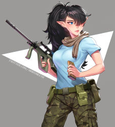 Rule 34 | 1girl, assault rifle, belt pouch, black hair, blouse, blue eyes, blue shirt, borrowed character, breasts, brooke (mleth) (cosplay), bullpup, camouflage, camouflage pants, cargo pants, commentary, contemporary, cosplay, crow (cascanor), elezen, elf, english commentary, final fantasy, final fantasy xiv, fingernails, gift art, gun, hair over one eye, highres, holding, holding gun, holding weapon, long hair, magazine (weapon), medium breasts, mleth, mole, mole under mouth, nail polish, original, pants, pointy ears, ponytail, pouch, red nails, reloading, rifle, scarf, shirt, solo, steyr aug, t-shirt, taut clothes, taut shirt, trigger discipline, warrior of light (ff14), weapon