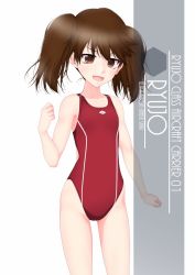 Rule 34 | 1girl, artist name, brown eyes, brown hair, character name, commentary request, competition swimsuit, cowboy shot, eyes visible through hair, flat chest, hair between eyes, highres, inaba shiki, kantai collection, long hair, looking at viewer, one-piece swimsuit, open mouth, red one-piece swimsuit, ryuujou (kancolle), smile, solo, standing, striped clothes, striped one-piece swimsuit, swimsuit, twintails, vertical-striped clothes, vertical-striped one-piece swimsuit
