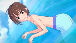 Rule 34 | 1girl, 3d, artist request, beach, blue male swimwear, blue swim trunks, blush, brown eyes, brown hair, character request, crossdressing, dutch angle, female focus, from side, idolmaster, idolmaster cinderella girls, looking at viewer, looking to the side, male swimwear, male swimwear challenge, nipples, ocean, short hair, solo, swim trunks, swimsuit, tagme, topless, toshi (sjha1986), water