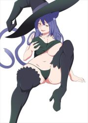 Rule 34 | animal ears, black legwear, black panties, black shirt, blair (soul eater), grabbing another&#039;s breast, breasts, breasts out, cat ears, cat tail, grabbing, hat, high heels, no bra, on floor, panties, purple hair, purple tail, grabbing own breast, shirt, smile, solo, soul eater, tail, thick thighs, thighs, underwear, white background, witch hat, yellow eyes