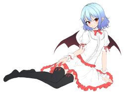 Rule 34 | 1girl, alternate costume, arm support, bat wings, black thighhighs, blue hair, blush, bow, bowtie, dress, frills, full body, head tilt, junior27016, looking at viewer, no shoes, pointy ears, puffy short sleeves, puffy sleeves, red bow, red bowtie, red eyes, remilia scarlet, ribbon, short hair, short sleeves, simple background, sitting, smile, solo, thighhighs, touhou, white background, white dress, wings, wrist cuffs, yokozuwari
