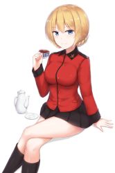 Rule 34 | 10s, 1girl, arm support, black legwear, black skirt, blonde hair, blue eyes, braid, breasts, cai geng, check commentary, commentary request, cup, darjeeling (girls und panzer), french braid, girls und panzer, highres, crossed legs, long sleeves, looking at viewer, medium breasts, military, military uniform, miniskirt, simple background, sitting, skirt, solo, teacup, teapot, thighs, uniform